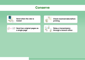 Page 19Conserve
Send when the rate is 
lowest
Check received data before 
printing
Send two original pages as 
a single page
Relay a transmission 
through a branch office
Downloaded From ManualsPrinter.com Manuals 