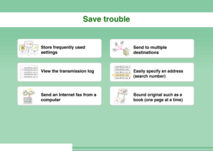 Page 31Save trouble
12 3
Store frequently used 
settings
Send to multiple 
destinations
aaa@aa.aa.c
o
bbb@bb.bb.
c
ccc@cc.cc.c
o
ddd@dd.dd.
c
eee@ee.ee.c
o
View the transmission log
aaa@aa.aa.c
bbb@bb.bb.
ccc@cc.cc.c
ddd@dd.dd.
eee@ee.ee.e
Easily specify an address 
(search number)
Send an Internet fax from a 
computer
Bound original such as a 
book (one page at a time)
Downloaded From ManualsPrinter.com Manuals 