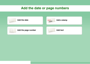 Page 7Add the date or page numbers
2010/04/04
Add the date
Add a stamp
9
10
11
Add the page number
ABCDEFG
Add text
Downloaded From ManualsPrinter.com Manuals 