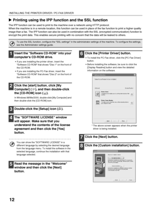 Page 1412
INSTALLING THE PRINTER DRIVER / PC-FAX DRIVER
XPrinting using the IPP function and the SSL function
The IPP function can be used to print to the machine over a network using HTTP protocol.
When the machine is in a remote location, this function can be used in place of the fax function to print a higher quality 
image than a fax. The IPP function can also be used in combination with the SSL (encrypted communication) function to 
encrypt the print data. This enables secure printing with no concern that...