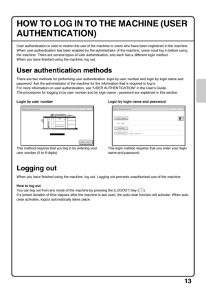 Page 1513
HOW TO LOG IN TO THE MACHINE (USER 
AUTHENTICATION)
User authentication is used to restrict the use of the machine to users who have been registered in the machine.
When user authentication has been enabled by the administrator of the machine, users must log in before using 
the machine. There are several types of user authentication, and each has a different login method.
When you have finished using the machine, log out.
User authentication methods
There are two methods for performing user...