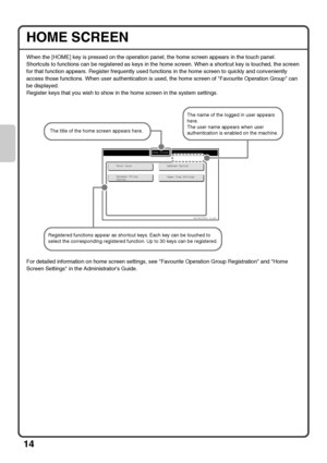 Page 1614
HOME SCREEN
When the [HOME] key is pressed on the operation panel, the home screen appears in the touch panel.
Shortcuts to functions can be registered as keys in the home screen. When a shortcut key is touched, the screen 
for that function appears. Register frequently used functions in the home screen to quickly and conveniently 
access those functions. When user authentication is used, the home screen of Favourite Operation Group can 
be displayed.
Register keys that you wish to show in the home...