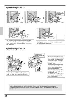 Page 2220
Bypass tray (MX-MFX1)
Place paper that is A5 (7-1/4 x 10-1/2) or smaller 
in the horizontal orientation. The maximum number of plain paper sheets that 
can be loaded in the bypass tray is about 100.
When loading A3W, A3, B4 size paper, pull out the 
tray extension.
Special types of paper that cannot be loaded in other trays can be loaded in the bypass tray.
For detailed information on the bypass tray, see LOADING PAPER IN THE BYPASS TRAY in the 
Users Guide.
Squeeze the lever that locks the guide, and...