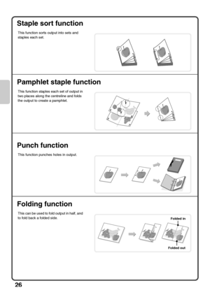 Page 2826
Staple sort function
Pamphlet staple function
Punch function
Folding function
This function sorts output into sets and 
staples each set. 
This function staples each set of output in 
two places along the centreline and folds 
the output to create a pamphlet.
This function punches holes in output.
This can be used to fold output in half, and 
to fold back a folded side.
1234
1234
2
7
1357
4
5
Folded out
Folded in
Downloaded From ManualsPrinter.com Manuals 