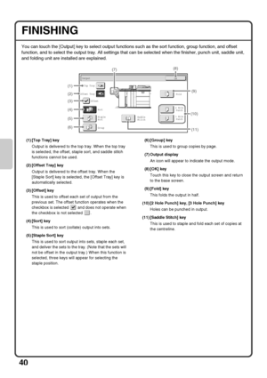 Page 4240
FINISHING
You can touch the [Output] key to select output functions such as the sort function, group function, and offset 
function, and to select the output tray. All settings that can be selected when the finisher, punch unit, saddle unit, 
and folding unit are installed are explained.
(1) [Top Tray] key
Output is delivered to the top tray. When the top tray 
is selected, the offset, staple sort, and saddle stitch 
functions cannot be used.
(2) [Offset Tray] key
Output is delivered to the offset...