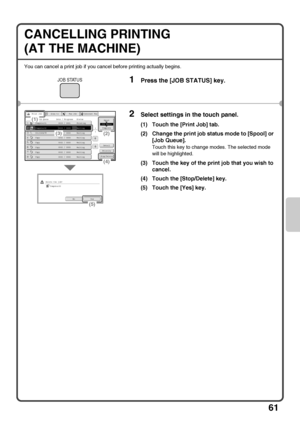 Page 6361
CANCELLING PRINTING 
(AT THE MACHINE)
You can cancel a print job if you cancel before printing actually begins.
1Press the [JOB STATUS] key.
2Select settings in the touch panel.
(1) Touch the [Print Job] tab.
(2) Change the print job status mode to [Spool] or 
[Job Queue].
Touch this key to change modes. The selected mode 
will be highlighted.
(3) Touch the key of the print job that you wish to 
cancel.
(4) Touch the [Stop/Delete] key.
(5) Touch the [Yes] key.
JOB STATUS
NoYes
Delete the...