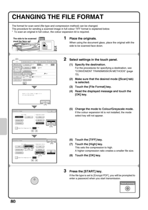 Page 8280
CHANGING THE FILE FORMAT
The format for scan send (file type and compression method) can be changed.
The procedure for sending a scanned image in full colour TIFF format is explained below.
* To scan an original in full colour, the colour expansion kit is required.
1Place the originals.
When using the document glass, place the original with the 
side to be scanned face down.
2Select settings in the touch panel.
(1) Specify the destination.
For the procedures for specifying a destination, see...