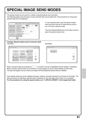 Page 8381
SPECIAL IMAGE SEND MODES
The special modes can be used for a variety of special-purpose scan send jobs.
The following pages show the types of scan send jobs that can be performed. (The procedures for using each 
special mode are not explained.)
To use a special mode, open the special modes 
menu and touch the key of mode that you wish to 
use. The menu varies by mode.
Touch the [Special Modes] key in the base screen to 
open the special modes menu.
When a special mode key encircled by   is touched,...