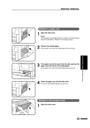 Page 2523
STATUS INDICATORS
MISFEED REMOVAL
 Misfeed removal
Misfeed in a paper tray
1
Open the side cover.
NOTE:
If the transport area misfeed indicator is lighted, clear the transport
area first. (See below, ÒMisfeed in the transport area.Ó)
2
Remove the misfed paper.
lBe careful not to tear the misfed paper during removal.
3
If the paper cannot be seen from the side, pull out the
paper tray and remove the misfed paper.
lBe careful not to tear the misfed paper during removal.
4
Close the paper tray and the...