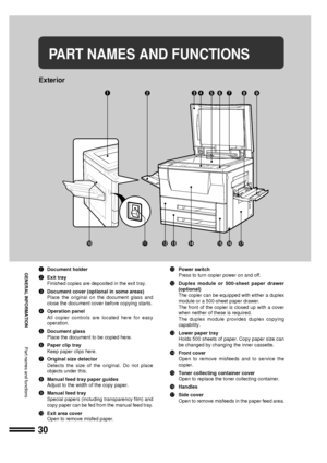 Page 3230
GENERAL INFORMATION
PART NAMES AND FUNCTIONS
Exterior
qDocument holder
wExit tray
Finished copies are deposited in the exit tray.
eDocument cover (optional in some areas)
Place the original on the document glass and
close the document cover before copying starts.
rOperation panel
All copier controls are located here for easy
operation.
tDocument glass
Place the document to be copied here.
yPaper clip tray
Keep paper clips here.
uOriginal size detector
Detects the size of the original. Do not place...