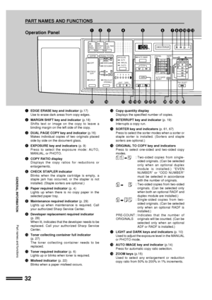 Page 3432
GENERAL INFORMATION
qEDGE ERASE key and indicator (p.17)
Use to erase dark areas from copy edges.
wMARGIN SHIFT key and indicator (p.18)
Shifts text or image on the copy to leave a
binding margin on the left side of the copy.
eDUAL PAGE COPY key and indicator (p.16)
Makes individual copies of two originals placed
side by side on the document glass.
rEXPOSURE key and indicators (p. 9)
Press to select the exposure mode: AUTO,
MANUAL, or PHOTO.
tCOPY RATIO display
Displays the copy ratios for reductions...