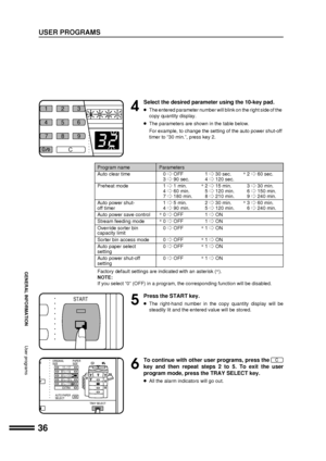 Page 3836
GENERAL INFORMATION
USER PROGRAMS
4
Select the desired parameter using the 10-key pad.
lThe entered parameter number will blink on the right side of the
copy quantity display.
lThe parameters are shown in the table below.
For example, to change the setting of the auto power shut-off
timer to Ò30 min.Ó, press key 2.
Program name Parameters
Auto clear time 0 e OFF 1 e 30 sec.*2 e 60 sec.
3 e 90 sec. 4 e 120 sec.
Preheat mode 1 e 1 min.*2 e 15 min. 3 e 30 min.
4 e 60 min. 5 e 120 min. 6 e 150 min.
7 e...