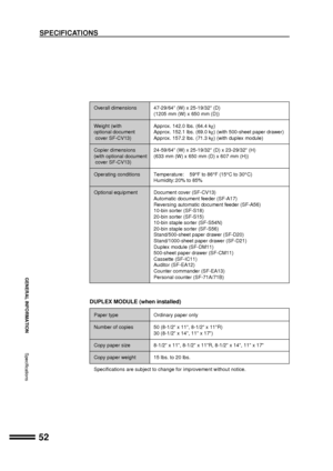 Page 5452
GENERAL INFORMATION
SPECIFICATIONS
Overall dimensions 47-29/64 (W) x 25-19/32 (D)
(1205 mm (W) x 650 mm (D))
Weight (with Approx. 142.0 lbs. (64.4 kg)
optional document Approx. 152.1 lbs. (69.0 kg) (with 500-sheet paper drawer)
 cover SF-CV13) Approx. 157.2 lbs. (71.3 kg) (with duplex module)
Copier dimensions 24-59/64 (W) x 25-19/32 (D) x 23-29/32 (H)
(with optional document (633 mm (W) x 650 mm (D) x 607 mm (H))
 cover SF-CV13)
Operating conditions Temperature: 59°F to 86°F (15°C to 30°C)
Humidity:...