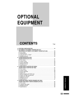 Page 5553
ADF (SF-A17)/RADF (SF-A56)
ADF (SF-A17)/RADF (SF-A56)
OPTIONAL EQUIPMENT
CONTENTSPage
lSYSTEM CONFIGURATION................................54lAUTOMATIC DOCUMENT FEEDER (SF-A17)
/ // /
/
REVERSING AUTOMATIC DOCUMENT FEEDER (SF-A56).........55lPart names...........................................55lSpecifications.........................................55lUsing the ADF or RADF..................................56lMisfeed removal.......................................60l10-BIN SORTER (SF-S18)/ // /
/...