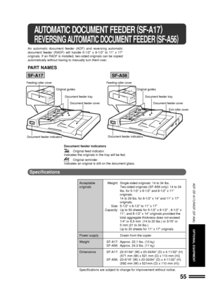 Page 5755
ADF (SF-A17)/RADF (SF-A56)
ADF (SF-A17)/RADF (SF-A56)
OPTIONAL EQUIPMENT
AUTOMATIC DOCUMENT FEEDER (
SF-A17)
REVERSING AUTOMATIC DOCUMENT FEEDER (
SF-A56)
An automatic document feeder (ADF) and reversing automatic
document feeder (RADF) will handle 5-1/2 x 8-1/2 to 11 x 17
originals. If an RADF is installed, two-sided originals can be copied
automatically without having to manually turn them over.
PART NAMES
SF-A17 SF-A56
Document feeder indicators
Original feed indicator
Indicates the originals in...
