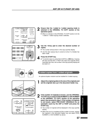 Page 5957
ADF (SF-A17)/RADF (SF-A56)
ADF (SF-A17)/RADF (SF-A56)
OPTIONAL EQUIPMENT
2
Ensure that the 1-sided to 1-sided copying mode is
selected in the ORIGINAL TO COPY section of the
operation panel.
lWhen no indicator in the ORIGINAL TO COPY section is lit, the
1-sided to 1-sided copying mode is selected.
3
Use the 10-key pad to enter the desired number of
copies.
lThe number will be shown in the copy quantity display.
lUse the clear (C) key to cancel an entry if a mistake has
been made.
4
Press the START...