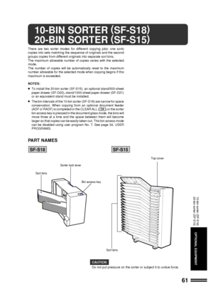 Page 6361
OPTIONAL EQUIPMENT
10-BIN SORTER (
SF-S18)
20-BIN SORTER (
SF-S15)
There are two sorter modes for different copying jobs: one sorts
copies into sets matching the sequence of originals and the second
groups copies from different originals into separate sort bins.
The maximum allowable number of copies varies with the selected
mode.
The number of copies will be automatically reset to the maximum
number allowable for the selected mode when copying begins if this
maximum is exceeded.
NOTES:
lTo install...