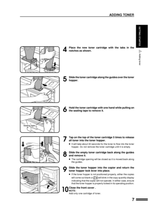 Page 97
GETTING STARTED
4
Place the new toner cartridge with the tabs in the
notches as shown.
5
Slide the toner cartridge along the guides over the toner
hopper.
6
Hold the toner cartridge with one hand while pulling on
the sealing tape to remove it.
7
Tap on the top of the toner cartridge 5 times to release
all toner into the toner hopper.
lIt will take about 30 seconds for the toner to flow into the toner
hopper. Do not remove the toner cartridge until it is empty.
8
Slide the empty toner cartridge back...