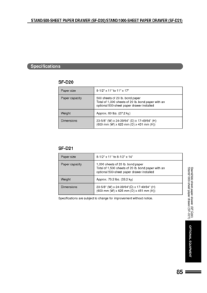 Page 8785
OPTIONAL EQUIPMENT
STAND/500-SHEET PAPER DRAWER (SF-D20)/STAND/1000-SHEET PAPER DRAWER (SF-D21)
Specifications
Stand/500-sheet paper drawer (SF-D20)
Stand/1000-sheet paper drawer (SF-D21)
SF-D20
Paper size 8-1/2 x 11 to 11 x 17
Paper capacity 500 sheets of 20 lb. bond paper
Total of 1,000 sheets of 20 lb. bond paper with an
optional 500-sheet paper drawer installed
Weight Approx. 60 lbs. (27.2 kg)
Dimensions 23-5/8 (W) x 24-39/64 (D) x 17-49/64 (H)
(600 mm (W) x 625 mm (D) x 451 mm (H))
SF-D21
Paper...