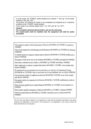 Page 2SF-2530
In some areas, the “POWER” switch positions are marked “ I ” and “   ” on the copier 
instead of “ON” and “OFF”.
The symbol “   ” denotes the copier is not completely de-energized but in a stand-by 
condition at this “POWER” switch position.
If your copier is so marked, please read “ I ” for “ON” and “     ” for “OFF”.
Caution!
For a complete electrical disconnection, pull out the main plug.
The socket-outlet shall be installed near the equipment and shall be easily 
accessible.
The CE mark logo...
