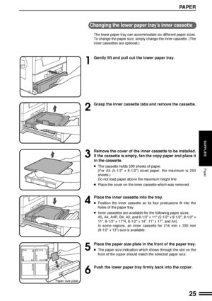 Page 2725
SUPPLIES
PAPER
Paper
Changing the lower paper trayÕs inner cassette
The lower paper tray can accommodate six different paper sizes.
To change the paper size, simply change the inner cassette. (The
inner cassettes are optional.)
1
Gently lift and pull out the lower paper tray.
2
Grasp the inner cassette tabs and remove the cassette.
3
Remove the cover of the inner cassette to be installed.
If the cassette is empty, fan the copy paper and place it
in the cassette.
lThe cassette holds 500 sheets of...