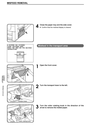 Page 3432
COPIER
TROUBLE?
MISFEED REMOVAL
Misfeed removal
4
Close the paper tray and the side cover.
lConfirm that the misfeed display is cleared.
Misfeed in the transport area
1
Open the front cover.
2
Turn the transport lever to the left.
3
Turn the roller rotating knob in the direction of the
arrow to remove the misfed paper.
A MISFEED HAS OCCURRED.
CLEAR INDICATED AREA.
PRESS THE      KEY FOR RECOVERY
INSTRUCTIONS.
Transport lever
Roller rotating knob
Downloaded From ManualsPrinter.com Manuals 