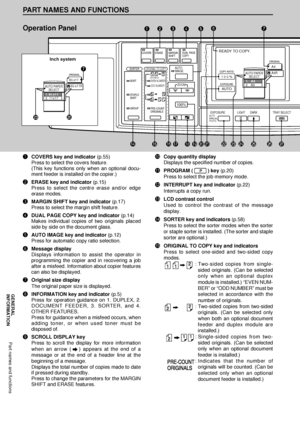Page 4240
GENERAL
INFORMATION
PART NAMES AND FUNCTIONS
Part names and functions
Operation Panel
qCOVERS key and indicator (p.55)
Press to select the covers feature.
(This key functions only when an optional docu-
ment feeder is installed on the copier.)
wERASE key and indicator (p.15)
Press to select the centre erase and/or edge
erase modes.
eMARGIN SHIFT key and indicator (p.17)
Press to select the margin shift feature.
rDUAL PAGE COPY key and indicator (p.14)
Makes individual copies of two originals placed...