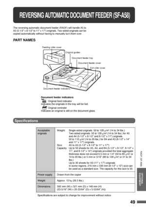 Page 5149
OPTIONAL
EQUIPMENT
REVERSING AUTOMATIC DOCUMENT FEEDER (SF-A58)
The reversing automatic document feeder (RADF) will handle A5 to
A3 (5-1/2 x 8-1/2 to 11 x 17) originals. Two-sided originals can be
copied automatically without having to manually turn them over.
PART NAMES
RADF (SF-A58)
Document feeder indicators
Original feed indicator
Indicates the originals in the tray will be fed.
Original reminder
Indicates an original is still on the document glass.
Feeding roller cover
Original guides
Document...