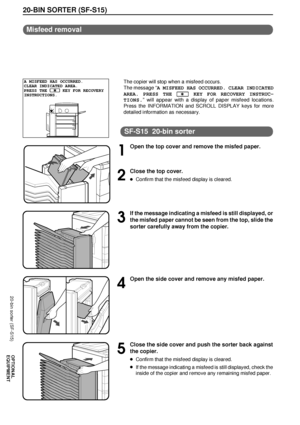 Page 7068
OPTIONAL
EQUIPMENT
20-bin sorter (SF-S15)
20-BIN SORTER (SF-S15)
SF-S15  20-bin sorter
1
Open the top cover and remove the misfed paper.
2
Close the top cover.
lConfirm that the misfeed display is cleared.
3
If the message indicating a misfeed is still displayed, or
the misfed paper cannot be seen from the top, slide the
sorter carefully away from the copier.
4
Open the side cover and remove any misfed paper.
5
Close the side cover and push the sorter back against
the copier.
lConfirm that the misfeed...