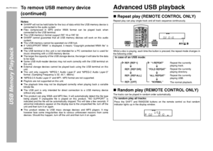 Page 48AN-PR1500H_EN.fm 06/3/14
TINSEA127AWZZ
48
AN-PR1500H_EN.fm 06/3/14
AN-PR1500H
TINSEA127AWZZ
USB Memory Playback 
To remove USB memory device (continued)Notes:zSHARP will not be held liable for the loss of data whilst the USB memory device is
connected to the audio system.
zFiles compressed in MP3 and/or WMA format can be played back when
connected to the USB terminal.
zThis USB memory’s format support FAT 16 or FAT 32.
zSHARP cannot guarantee that all USB memory devices will work on this audio
system....