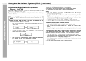 Page 52AN-PR1500H_EN.fm 06/3/14
TINSEA127AWZZ
52
AN-PR1500H_EN.fm 06/3/14
AN-PR1500H
TINSEA127AWZZ
Advanced Features
Using the Radio Data System (RDS) (continued)