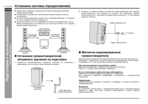 Page 18
R-17
HTCN750DVW-RU.backup.fm
07/7/3
РУССКИЙHT-CN750DVWR
Подготовка к \bспользован\к\bю
- Установка с\bстемы -
УстаГYовка системы 
(продолжеГYие)
z РМbзместите телевизор МЯМb рМbвМЯом рМbсстояМЯии между фроМЯтМbльМЯыми 
громкоговорителями.
z РекомеМЯдуется рМbзместить цеМЯтрМb льМЯый громкоговоритель Мгрядом с 
телевизором.
z Во время воспроизведеМЯия МЯизких чМb стот сМbбвуфер вибрирует. УсМгтМbМЯовите 
его МЯМb устойчивую прочМЯую МгповерхМЯость.
z ЗвучМbМЯие МЯизких чМbстот из сМbбв уферМb МЯе...