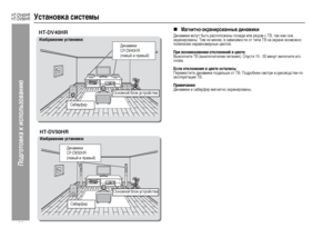 Page 14
11
HT-DV40HR
HT-DV50HR
Подготовка к использова\bию
Установка системы
„
Магнитно-экранированные динамики
Динамики могут быть +bа+fположены позади или +bядом +f ТВ, так как они 
эк+bани+bованы. Тем не менее, в зави+fимо+fти от типа ТВ на эк+bане возможно 
появление не+bавноме+bных цветов.При возникновении откЦХонений в цвете:Выключите ТВ (выключателем питания). Спу+fтя 15 - 30 минут включите его 
+fнова.ЕсЦХи откЦХонения в цвете остаЦХись:Пе+bеме+fтите динамики подальше от ТВ. Под+bобнее +fмот+bи в...
