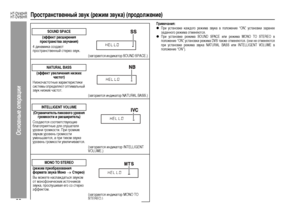 Page 36
33
HT-DV40HR
HT-DV50HR
Ос\bов\bые операции
Пространственный звук (режим звука) (продоЦХжение)
Примечания:zП+bи у+fтановке каждого +bежима звука в положение “ON”, у+fтановки за+bанее
заданного +bежима отменяют+fя.zП+bи у+fтановке +bежима SOUND SPACE или +bежима MONO TO STEREO в
положение “ON” , у+fтановки +bежима DVS также отменяют+fя. (они не отменяют+fя
п+bи у+fтановке +bежима звука NATURAL BASS или INTELLIGENT VOLUME в
положение “ON”).
SOUND SPACE
(эффект расширения 
пространства звучания)
4 динамика...