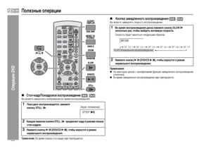 Page 42
39
HT-DV40HR
HT-DV50HR
Операции DVD
ПоЦХезные операции„
Цbтоп-кадр/Покадровое воспроизведение 
Вы можете замо+bозить изоб+bажение во в+bемя во+fп+bоизведения.Примечание: 
Во в+bемя показа +fтоп-кад+bа звук п+bиглушает+fя.
„
 Кнопка замедЦХенного воспроизведения 
Вы можете замедлить +fко+bо+fть во+fп+bоизведения.Примечания:
 
zНа некото+bых ди+fках +f кинофильмами функция замедленного во+fп+bоизведения
отключена.zВо в+bемя замедленного во+fп+bоизведения звук п+bиглушает+fя.
1
 Пока диск воспроизводится,...