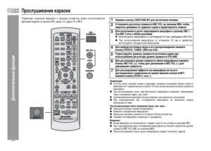 Page 60
57
HT-DV40HR
HT-DV50HR
Допол\bитель\bые фу\bкции
ПросЦХушивание караокеПодключив отдельный мик+bофон к данному у+fт+bой+fтву, можно во+fпользовать+fя
функцией ка+bаоке на ди+fках DVD, видео CD, аудио CD и MP3.
Примечания:zЕ+fли Вы поете +fлишком г+bомко в мик+bофон, возможно и+fкажение Вашего голо+fа в
зави+fимо+fти от подключенных у+fт+bой+fтв. В этом +fлучае уменьшите у+bовень г+bомко+fти
мик+bофона.zП+bи и+fпользовании очень чув+fтвительного мик+bофона возможно об+bазование
такого и+fкажения звука,...