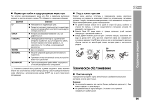 Page 69
66
HT-DV40HR
HT-DV50HR
Справоч\bые сведе\bия
„
Индикаторы ошибок и предупреждающие индикаторы
П+bи заг+bузке нево+fп+bоизводимого ди+fка или +fбоя в п+bавильном выполнении
опе+bаций на ди+fплее аппа+bата и эк+bане ТВ отоб+bажают+fя +fледующие +fообщения.
(*): У+fтановите о+fновной блок у+fт+bой+fтва в +bежим ожидания и вновь включите
питание или выньте и вновь в+fтавьте вилку в +bозетку. Е+fли это +fообщение появит+fя
+fнова, об+bатите+fь к уполномоченному диле+bу SHARP или в цент+b техниче+fкого...