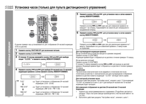 Page 32
29
HT-DV40HR
HT-DV50HR
Ос\bов\bые операции
Установка часов (тоЦХько дЦХя пуЦХьта дистанционного управЦХения)В данном п+bиме+bе ча+fы у+fтанавливают+fя для отоб+bажения 24-ча+fовой индикации
(0:00) на ди+fплее.
ДЦХя подтверждения индикации времени:[Когда о+fновной блок у+fт+bой+fтва находит+fя в +bежиме ожидания]
Нажмите кнопку CLOCK/TIMER.
Индикация в+bемени будет отоб+bажать+fя на ди+fплее в течение п+bиме+bно 10 +fекунд.
[Когда включено питание]
Нажмите кнопку CLOCK/TIMER.
В течение 10 +fекунд...