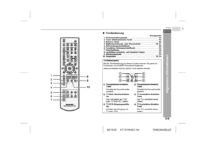 Page 1504/10/22 HT-X1H(H)D1.fm
D-8DEUTSCH
1
HT-X1H
TINSZA030SJZZ
Allgemeine Informationen
 

Fernbedienung
Bezugsseite
1. Stummschaltungstaste  . . . . . . . . . . . . . . . . . . . . . . . . . . . .  22
2. Tuner (Wellenbereich)-Taste . . . . . . . . . . . . . . . . . . . . . . . .  42
3. Reserve-Taste   . . . . . . . . . . . . . . . . . . . . . . . . . . . . . . . . . . .  62
4. Bildfortschaltungs- oder Pausentaste  . . . . . . . . . . . . .  24, 31
5. DVD-Anfangseinstelltaste  . . . . . . . . . . . . . . . ....