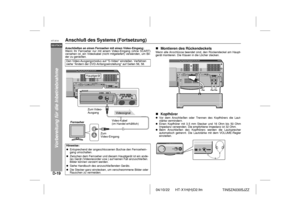 Page 2604/10/22 HT-X1H(H)D2.fm
D-19DEUTSCHHT-X1H
TINSZA030SJZZ
Vorbereitung für die Inbetriebnahme
Anschluß des Systems (Fortsetzung)Anschließen an einen Fernseher mit einen Video-Eingang:
Wenn Ihr Fernseher nur mit einem Video-Eingang (ohne SCART)
versehen ist, ein Videokabel (nicht mitgeliefert) verwenden, um Bil-
der zu genießen.
!Montieren des RückendeckelsWenn alle Anschlüsse beendet sind, den Rückendeckel am Haupt-
gerät montieren. Die Klauen in die Löcher stecken.
 !KopfhörerVor dem Anschließen oder...