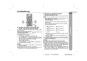 Page 3304/10/22 HT-X1H(H)D3.fm
D-26DEUTSCH
1
HT-X1H
TINSZA030SJZZ
DVD-Betrieb
Grundbedienung  !Auffinden des Kapitel-/Spuranfangs (Über-
sprung)                     Sie können den laufenden zum nächsten oder vorherigen Kapitel
(Spur) überspringen.
Hinweise:Einige Discs zeigen keinen Kapitel (Spur) an, und die Sprung-
funktion wird deaktiviert.Auf einer DVD können Sie nicht über Titel springen.Beim Betrieb von Super-Video- oder Video-CDs mit der P.B.C.-
Funktion die P.B.C. auf aus stellen (siehe Seite 39)....