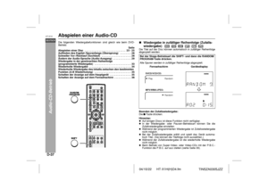 Page 4404/10/22 HT-X1H(H)D4.fm
D-37DEUTSCHHT-X1H
TINSZA030SJZZ
Audio-CD-Betrieb  
Abspielen einer Audio-CD  Die folgenden Wiedergabefunktionen sind gleich wie beim DVD-
Betrieb.
Seite
Abspielen einer Disc   . . . . . . . . . . . . . . . . . . . . . . . . . . . . .  23 - 25
Auffinden des Kapitel-/Spuranfangs (Übersprung)   . . . . . . . . 26
Schneller Vor-/Rücklauf (Suchlauf)   . . . . . . . . . . . . . . . . . . . . . 26
Ändern der Audio-Sprache (Audio-Ausgang)  . . . . . . . . . . . . . 29
Wiedergabe in der...