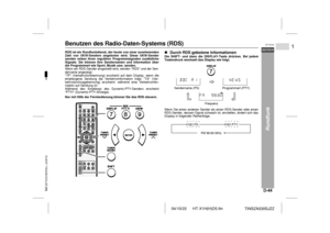 Page 5104/10/22 HT-X1H(H)D5.fm
D-44DEUTSCH
1
HT-X1H
TINSZA030SJZZ
Rundfunk
Benutzen des Radio-Daten-Systems (RDS)  RDS ist ein Rundfunkdienst, der heute von einer zunehmenden
Zahl von UKW-Sendern angeboten wird. Diese UKW-Sender
senden neben ihren regulären Programmsignalen zusätzliche
Signale. Sie können Ihre Sendernamen und Information über
die Programmart wie Sport, Musik usw. senden.
Wenn ein RDS-Sender eingestellt wird, werden RDS und der Sen-
dername angezeigt.
TP (Verkehrsfunkkennung) erscheint auf dem...