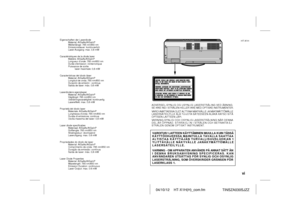 Page 7viHT-X1H
04/10/12HT-X1H(H)_com.fm
TINSZA030SJZZ
Eigenschaften der Laserdiode
Material: AIGaAs/AIGaInP
Wellenlänge: 785 nm/650 nm
Emissionsdauer: kontinuierlich
Laser-Ausgang: max. 0,6 mW
Caractéristiques de la diode laser
Matière: AIGaAs/AIGaInP
Longueur d’onde: 785 nm/650 nm
Durée d’émission: ininterrompue
Puissance de sortie
laser maximale: 0,6 mW
Características del diodo láser
Material: AIGaAs/AIGaInP
Longitud de onda: 785 nm/650 nm
Duración de emisión : continua
Salida de láser: máx. 0,6 mW...