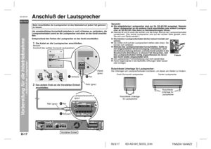 Page 28D-17
SD-AS10H_SEEG_D.fm 05/3/17
DEUTSCH
TINSZA116AWZZ
SD-AS10H
Vorbereitung für die Inbetriebnahme
- Anschluß der Lautsprecher -
Anschluß der Lautsprecher  Um versehentlichen Kurzschluß zwischen  - und  -Klemme zu verhindern, die
Lautsprecherkabel zuerst an die Lautsprecher und dann an das Gerät anschlie-
ßen.
Entsprechend den Farben die Lautsprecher an das Gerät anschließen.
Vo r s i c h t :Die mitgelieferten Lautsprecher sind nur für SD-AS10H ausgelegt. Niemals
diese Lautsprecher an ein anderes Gerät...