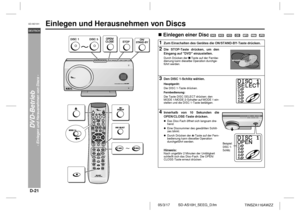 Page 32D-21
SD-AS10H_SEEG_D.fm 05/3/17
DEUTSCH
TINSZA116AWZZ
SD-AS10H
DVD-Betrieb
- Einlegen und Herausnehmen von Discs -
Einlegen und Herausnehmen von Discs  
!Einlegen einer Disc             1
Zum Einschalten des Gerätes die ON/STAND-BY-Taste drücken.
2
Die STOP-Taste drücken, um den
Eingang auf DVD einzustellen.Durch Drücken der  -Taste auf der Fernbe-
dienung kann dieselbe Operation durchge-
führt werden.
 
3
Den DISC 1-Schlitz wählen.Hauptgerät:
Die DISC 1-Taste drücken.
Fernbedienung:
Die Taste DISC...