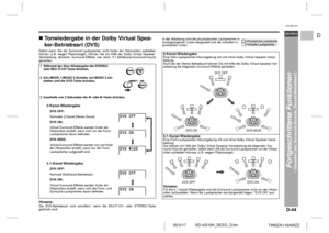 Page 55D-44
SD-AS10H_SEEG_D.fm 05/3/17
DEUTSCH
TINSZA116AWZZ
F
S
V
I
N
P
ED
SD-AS10H
Fortgeschrittene Funktionen
- Genießen des Surround-Sounds (Sound-Betriebsart) -
 !Tonwiedergabe in der Dolby Virtual Spea-
ker-Betriebsart (DVS)Selbst wenn Sie die Surround-Lautsprecher nicht hinter der Hörposition aufstellen
können (z.B. wegen Platzmangel), können Sie mit Hilfe der Dolby Vir tual Speaker-
Verarbeitung ähnliche Surround-Effekte wie beim 5.1-Multikanal-Surround-Sound
genießen.Hinweis:Die DVS-Betriebsar t wird...