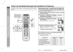 Page 58D-47
SD-AS10H_SEEG_D.fm 05/3/17
DEUTSCH
TINSZA116AWZZ
SD-AS10H
Fortgeschrittene Funktionen
- Ändern der Standardeinstellungen des Verstärkers -
Ändern der Standardeinstellungen des Verstärkers (Fortsetzung)
!Einstellung der LautsprecherverzögerungWenn einige der Lautsprecher anders weit von der Hörposition entfernt liegen, kön-
nen Sie die Lautsprecherverzögerung einstellen, damit es Ihnen vorkommt, als ob
die Lautsprecher gleich weit entfernt liegen. 
Die Funktion auf DVD umschalten, um die...