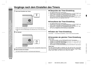 Page 66D-55
SD-AS10H_SEEG_D.fm 05/3/17
DEUTSCH
TINSZA116AWZZ
SD-AS10H
Fortgeschrittene Funktionen
- Vorgänge nach dem Einstellen des Timers -
Vo r gänge nach dem Einstellen des Timers 
!Überprüfen der Timer-Einstellung 
 !Annullieren der Timer-Einstellung 
 !Ändern der Timer-Einstellung 
 !Verwenden der gleichen Timer-EinstellungOnce-Timer:
Daily-Timer:Der Timer funktioniert täglich zur gleichen Zeit. Dies setzt sich fort, bis die Daily-
Timer-Einstellung annullier t wird. Bei Nichtverwendung den Daily-Timer...