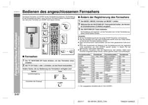 Page 68D-57
SD-AS10H_SEEG_D.fm 05/3/17
DEUTSCH
TINSZA116AWZZ
SD-AS10H
Fortgeschrittene Funktionen
- Bedienen des angeschlossenen Fernsehers -
Bedienen des angeschlossenen Fernsehers  Sie können Fernseher von SHARP mit der Fernbedienung bedienen. Die Einstellung
für die Fernbedienung ändern, wenn Sie einen Fernseher anderen Herstellers bedie-
nen oder einen Fernseher von SHARP nicht steuern können.!FernsehenAndere Tasten, die zur Bedienung von Fernsehern verfügbar sind
!Ändern der Registrierung des...